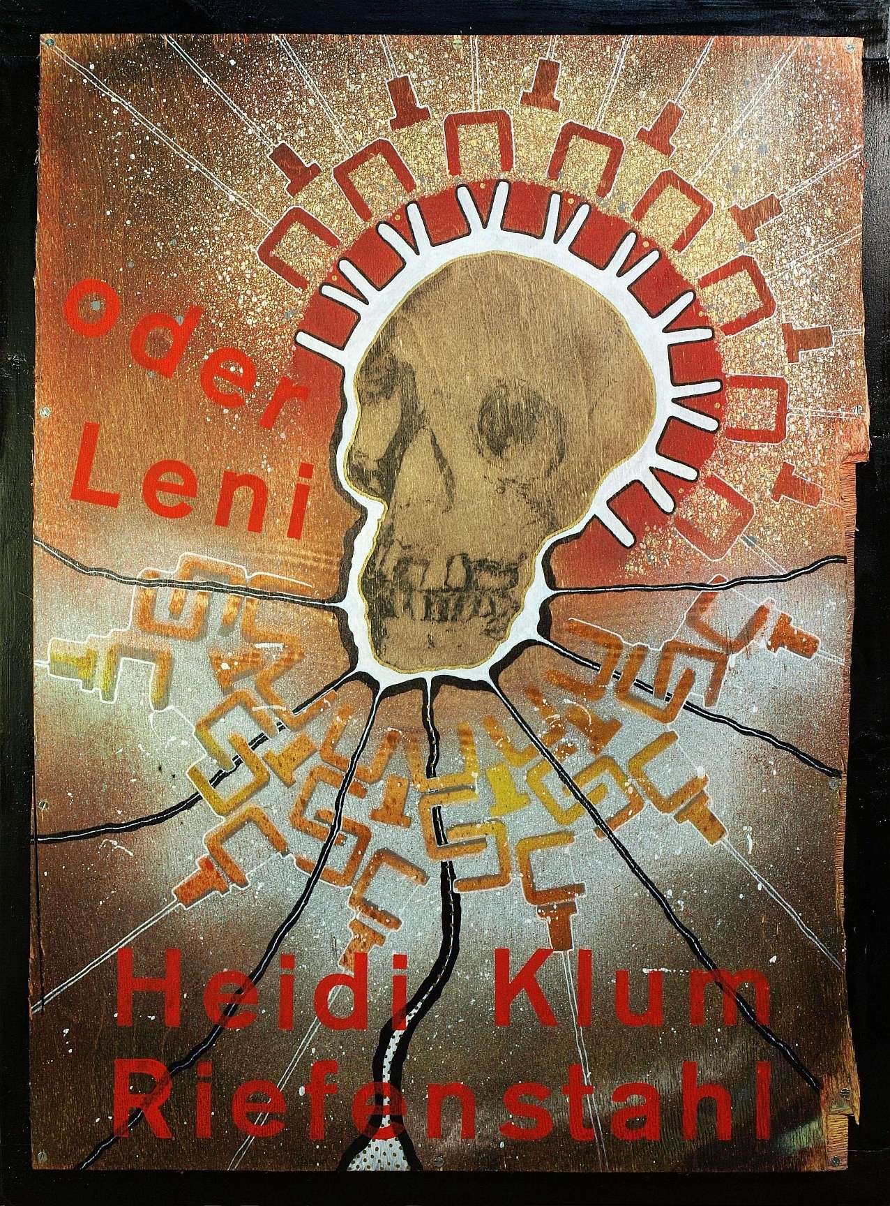 Iven Einszehn: "Heidi Klum oder Leni Riefenstahl" (Monodruck und Mixedmedia-Malerei auf Sperrholz)